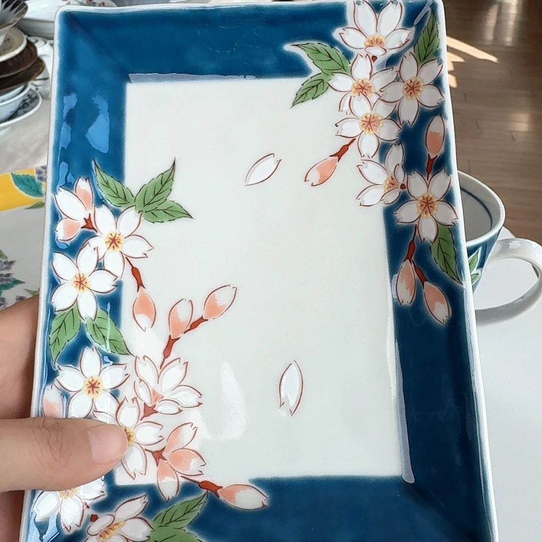 瓷片九谷烧蓝色樱花17.5厘米长盘
