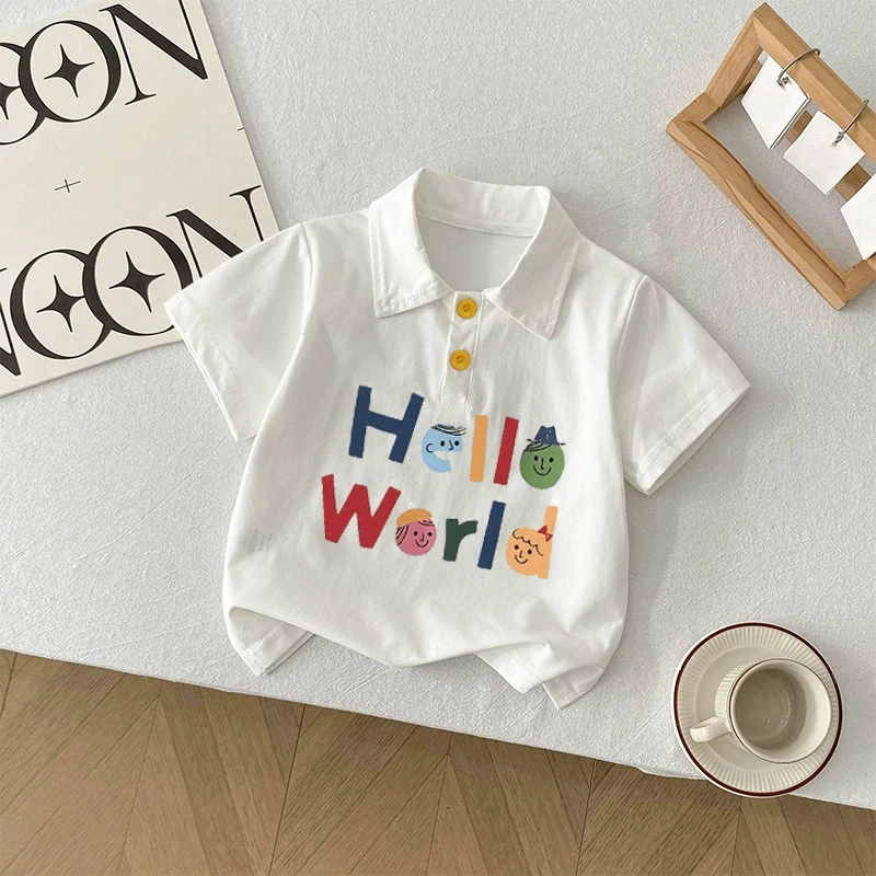 夏季新款女童男童宽松polo衫纯棉翻领短袖T恤字母印花上衣时尚潮