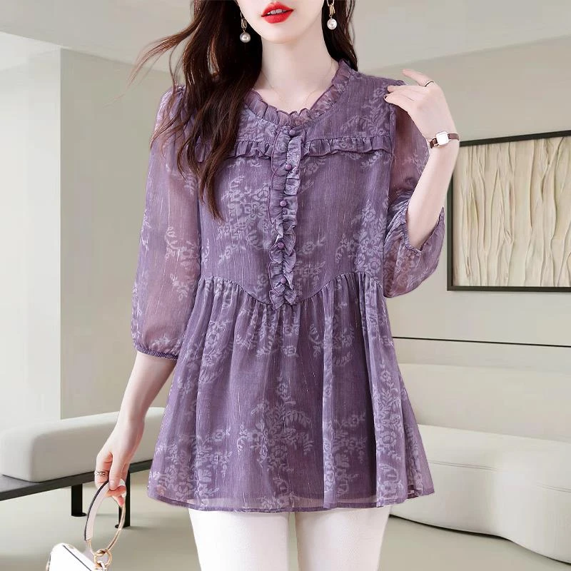 紫色衬衫女士2025夏季新款洋气减龄宽松大码遮肚子显瘦木耳边上衣