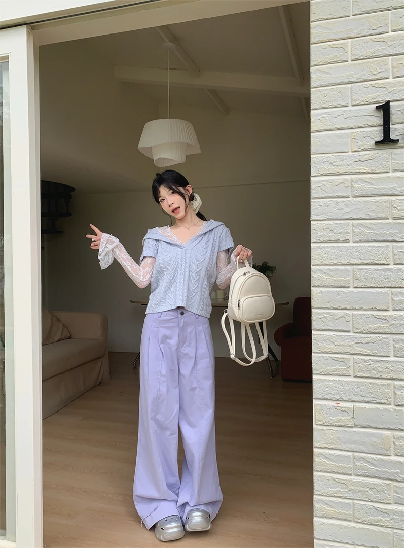 【NYPP】春季宽松连帽麻花套头毛衣针织衫+蕾丝打底上衣两件套装