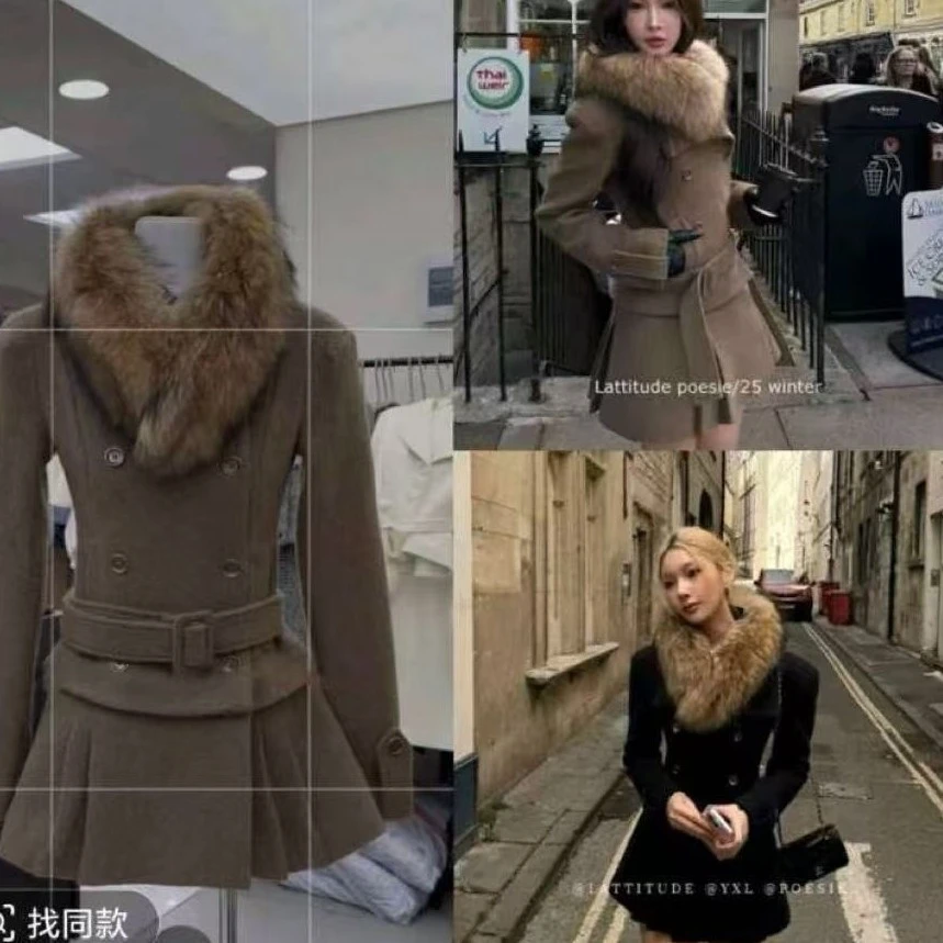 王大温柔家～大码女装辣妹复古千金加棉毛呢压褶外套裙+毛领