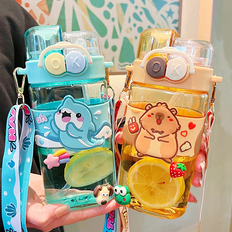 卡通可爱儿童双饮水杯小学生上学专用吸管塑料杯男女孩运动随手杯