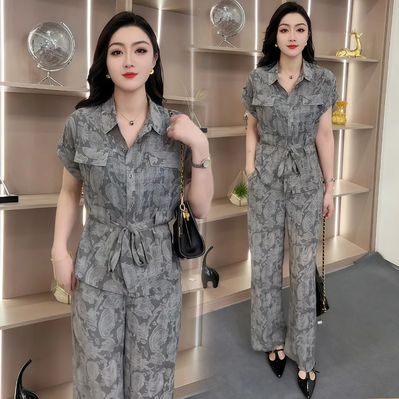 小个子休闲减龄套装女2025年夏季新款印花短袖衬衣阔腿裤两件套潮