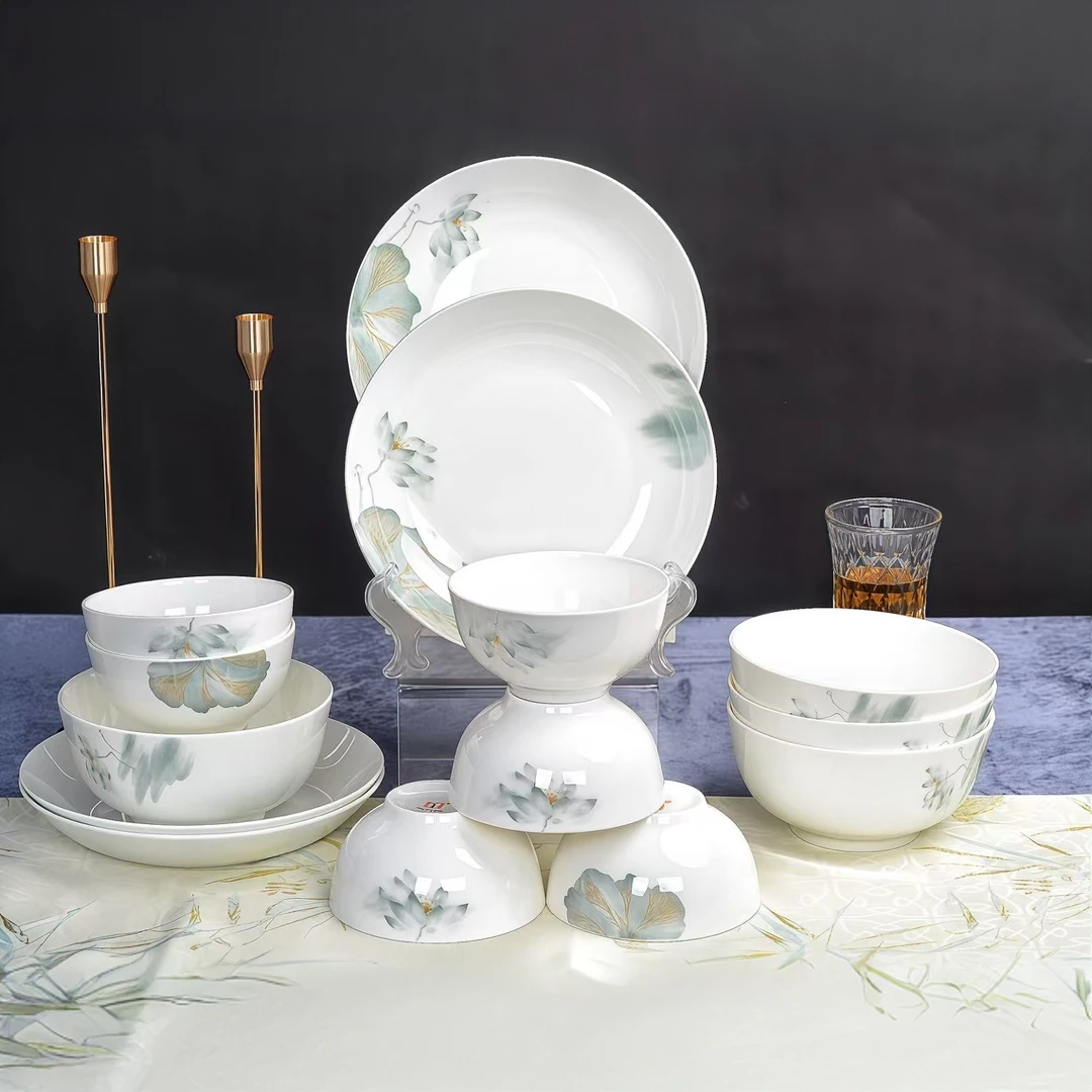 六月荷花釉上彩水墨中式陶瓷碗盘餐具陶瓷器唐山骨质瓷轻奢家用
