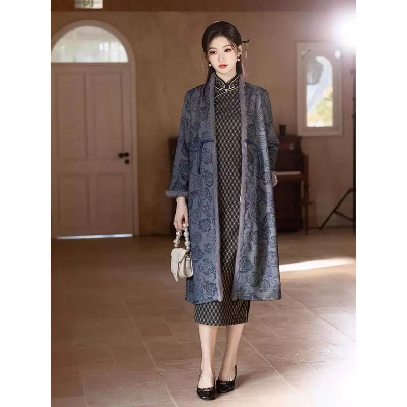 080 兰色 玫瑰花 外披 旗袍