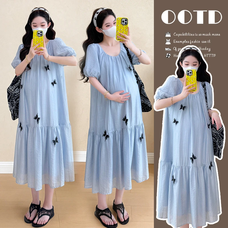 孕妇装2025新款法式蝴蝶泡泡袖连衣裙夏季宽松显瘦气质高级孕妇裙