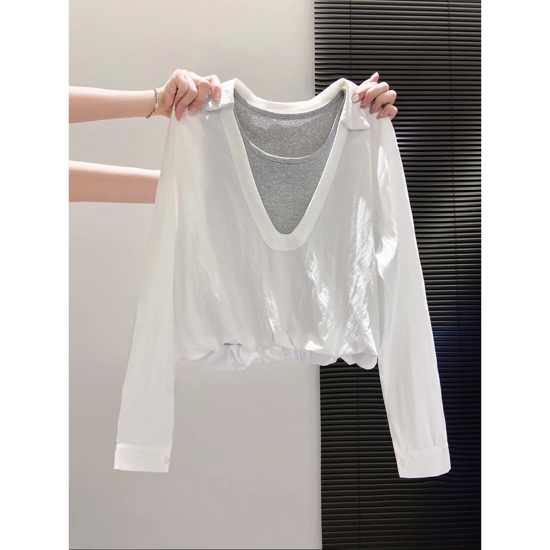 韩系拼接假两件长袖衬衫女2025早秋新款设计感宽松显瘦气质小衬衣