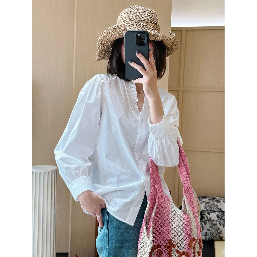【MGDM】设计木耳花边纯棉V领白衬衫上衣凉感抽褶法式高级感衬衣