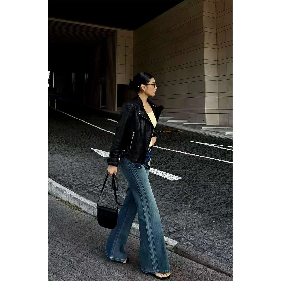 RRB Design「黄金比例」经典复古洗水牛仔蓝高腰修身显瘦喇叭牛仔裤