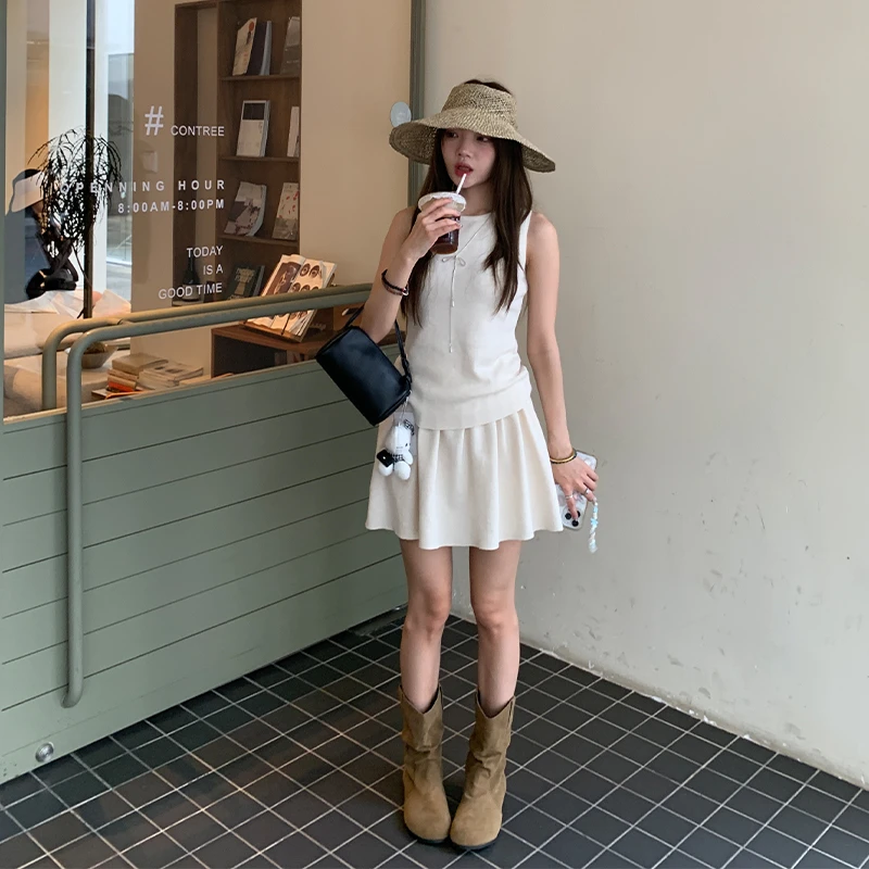 A1356#夏季韩系穿搭修身圆领无袖上衣气质高腰显瘦百褶半身裙