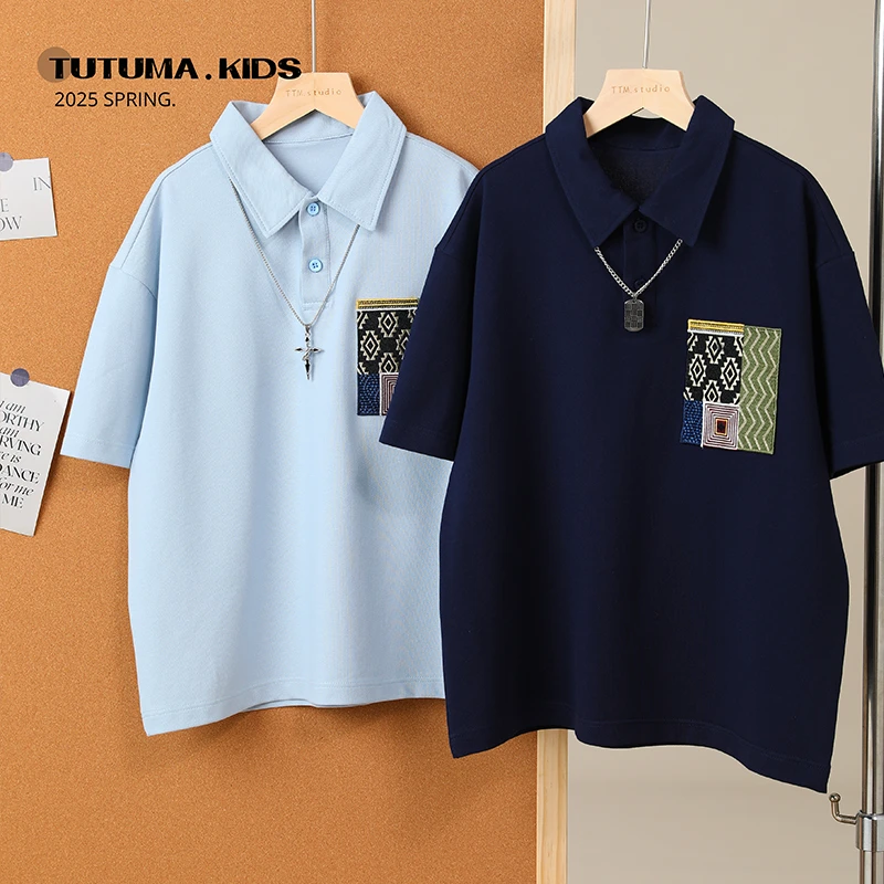 图图妈【简约复古口袋】男女童翻领Polo衫短袖T恤中大童潮牌上衣