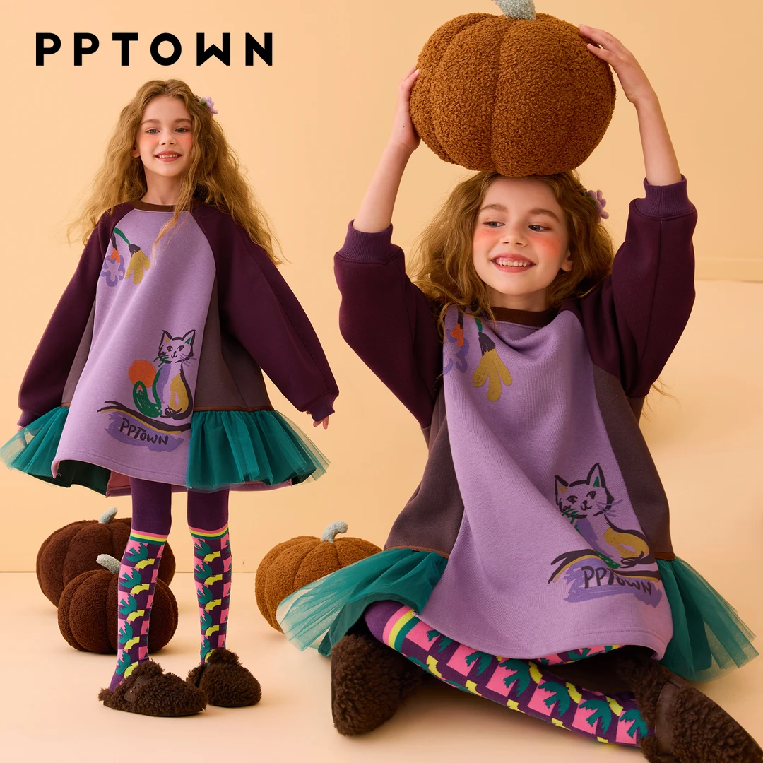 女童加绒加厚卫衣冬季连衣裙女孩网纱拼接裙巴巴小镇14420