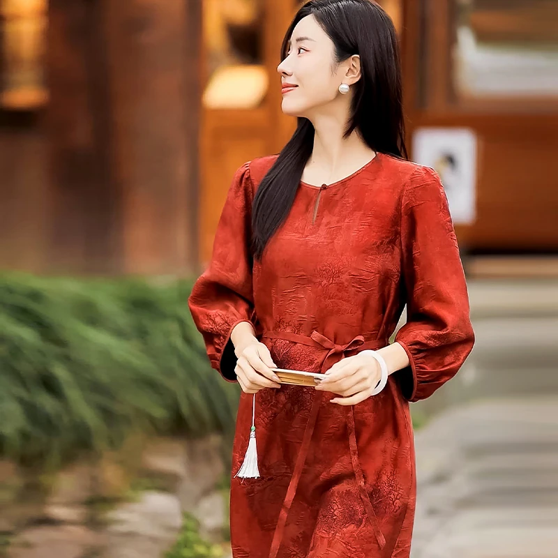 复古日记“山河影”100桑蚕丝提花极简新中式国风连衣裙25EL570