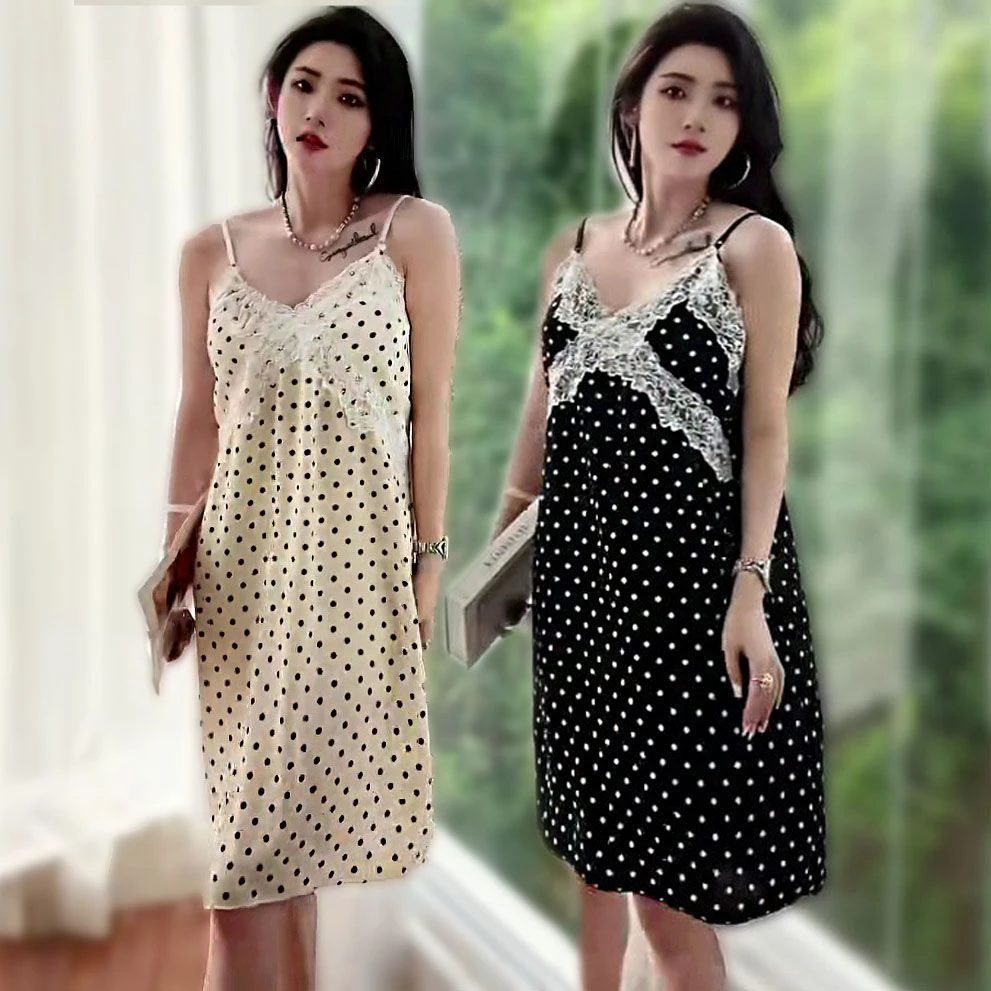 夏季新款法式时尚简约蕾丝拼接性感吊带睡裙轻薄洋气大码显瘦胖mm