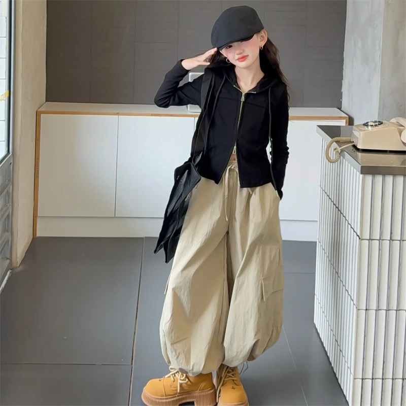 女童秋连帽针织开衫外套工装裤套装洋气中大儿童上衣阔腿裤两件套