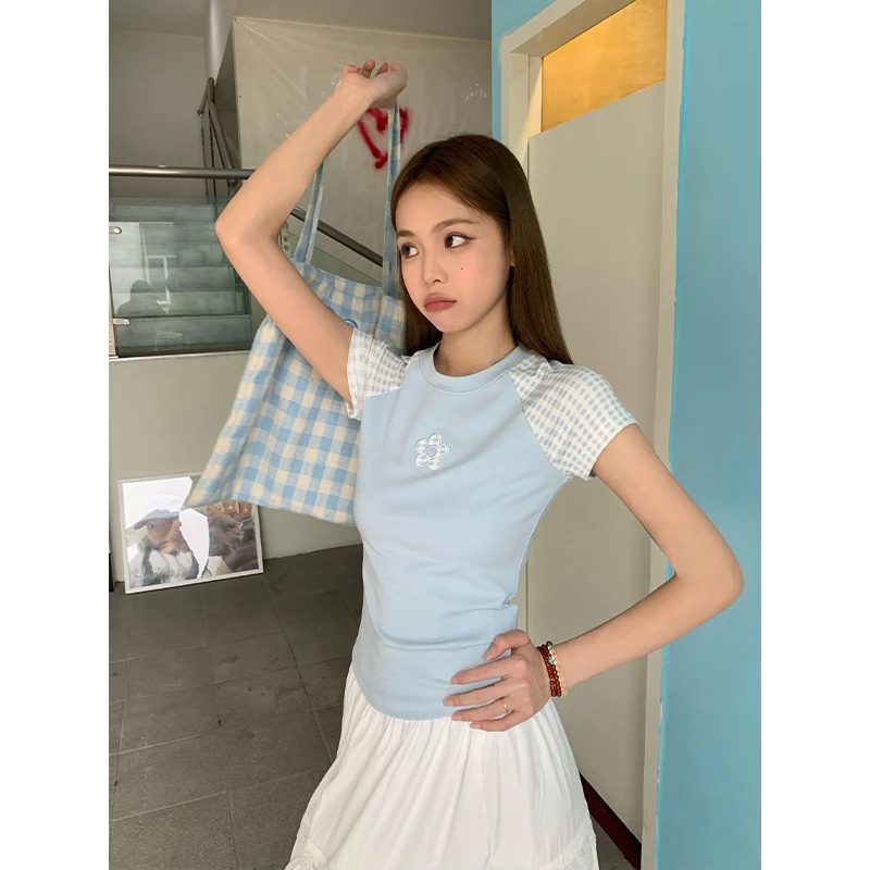 宋正恩婴儿蓝格子插肩短袖t恤女夏季韩系绣花甜美风上衣ST1249