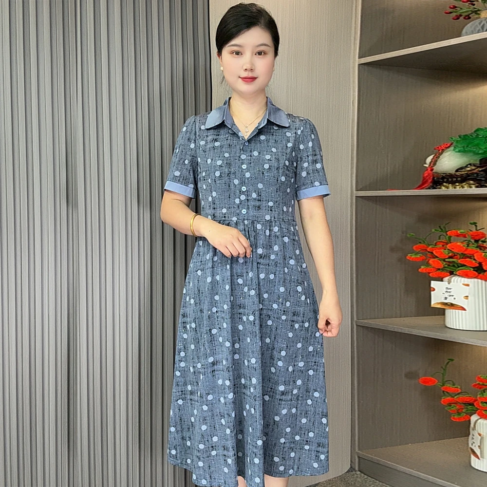 新款夏季翻领连衣裙中长遮肚收腰显瘦时尚洋气妈妈装印花波点裙