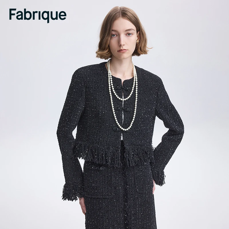 【Fabrique】 Violette燧石黑新中式盘扣绵羊毛粗花呢流苏短外套