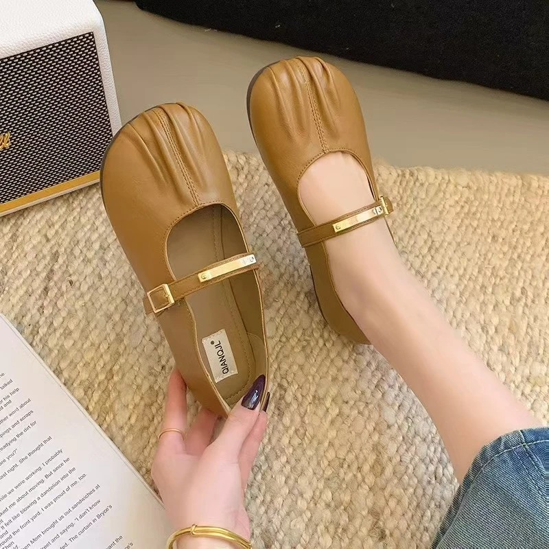 单鞋女2025春夏季平底一字式扣带豆豆鞋乐福鞋平底鞋时尚方头软底