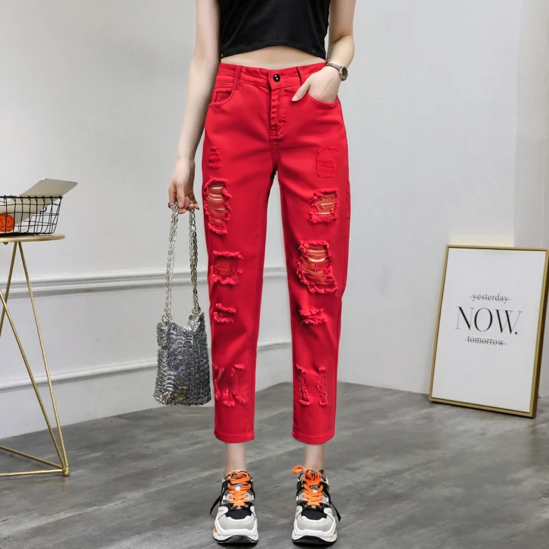 红色牛仔裤女士直筒秋季新款破洞高腰显瘦大码九分裤哈伦女款裤子