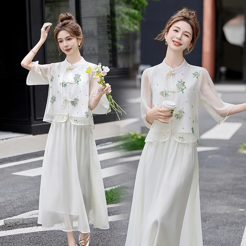 新中式国风改良旗袍套装连衣裙女装2025夏季新款高级感两件套裙子