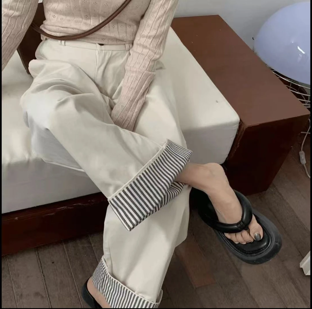 日韩潮流两穿拼接条纹翻卷边洗水棉阔腿裤女通勤宽松直筒休闲裤子
