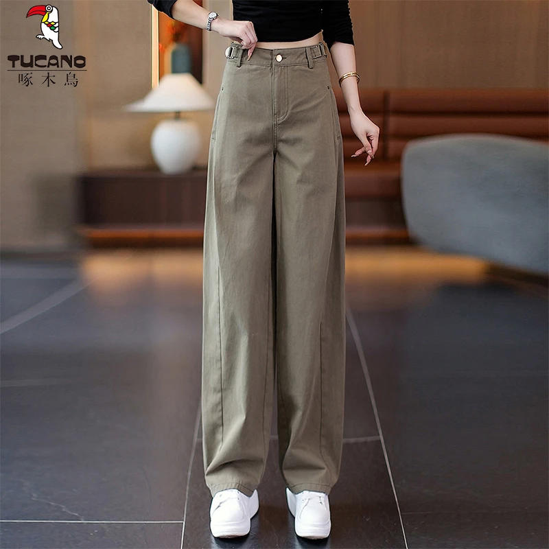 啄木鸟美式复古军绿色工装裤女2025秋高腰显军绿色女款阔腿拖地裤