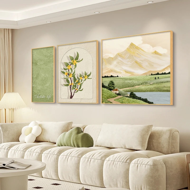 奶油风客厅装饰画日照金山沙发背景墙挂画现代简约山水画三联壁画