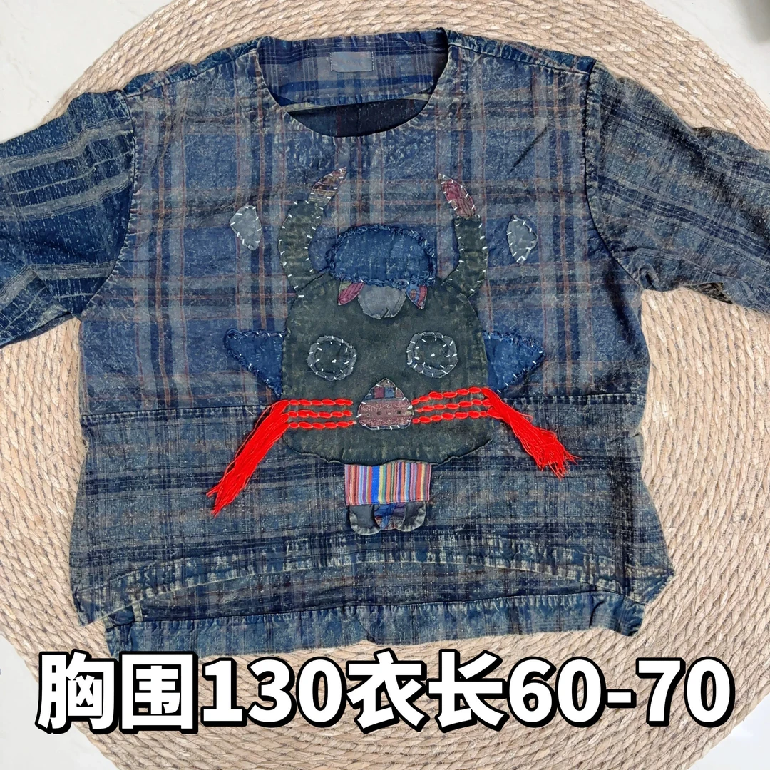20重工手绣贴布个性减龄复古做旧老布龙头绣长袖上衣