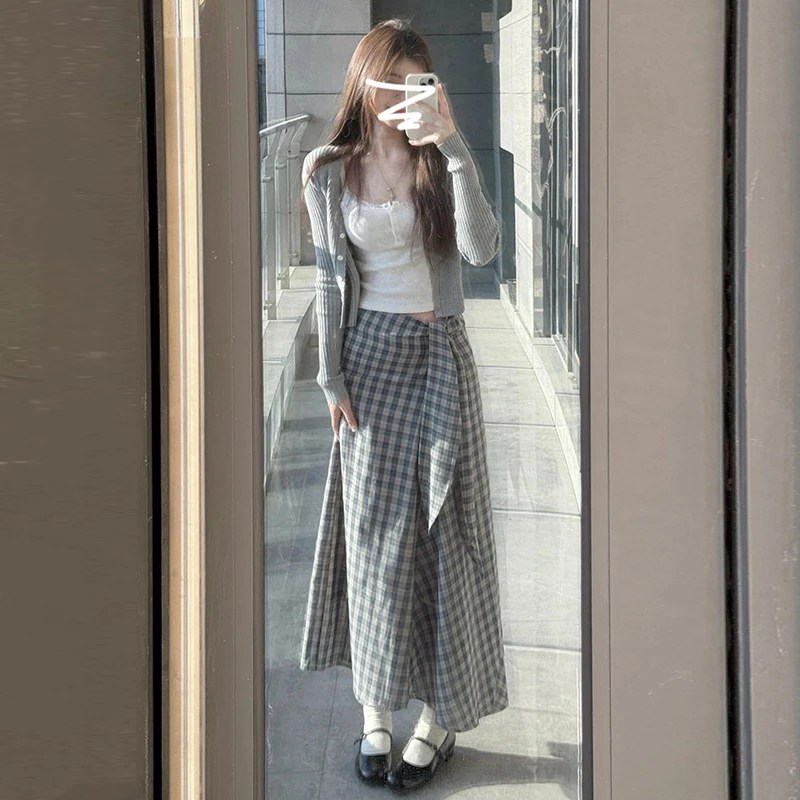初春韩系氛围感穿搭格子连衣裙子女春季2025新款小个子长裙套装裙