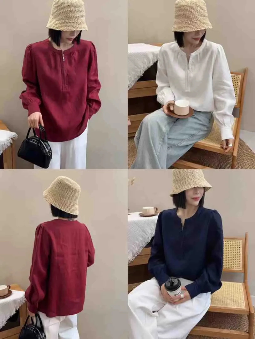 27830百搭圆领半拉链长袖衬衫时尚简约设计感上衣衣长65