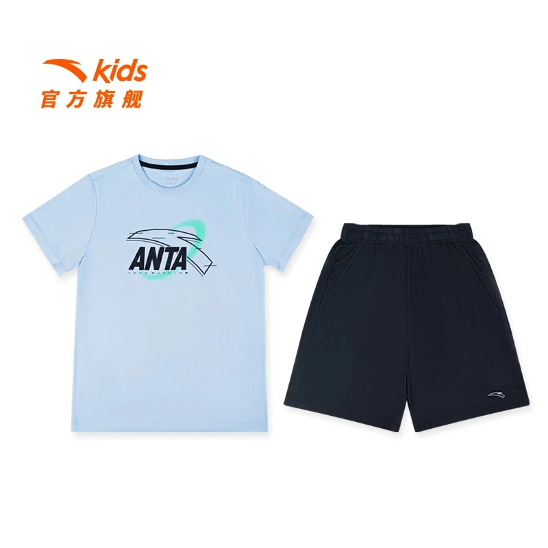 安踏儿童男童套装夏季欧若风短袖短裤两件套针织透气休闲运动-zb