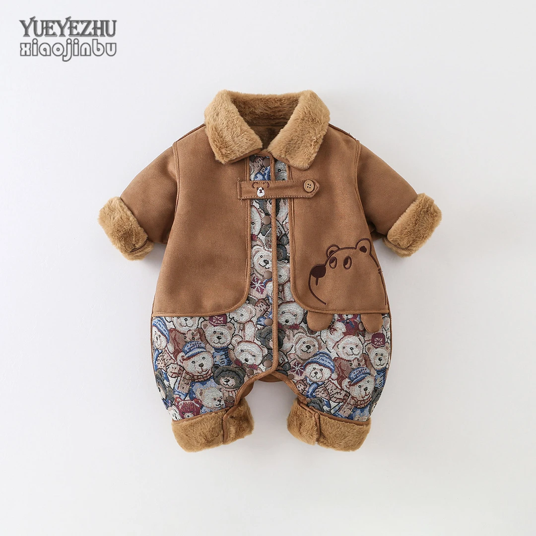 仿皮毛一体婴儿衣服秋冬韩版帅气男宝宝连体衣冬季保暖哈衣新生儿