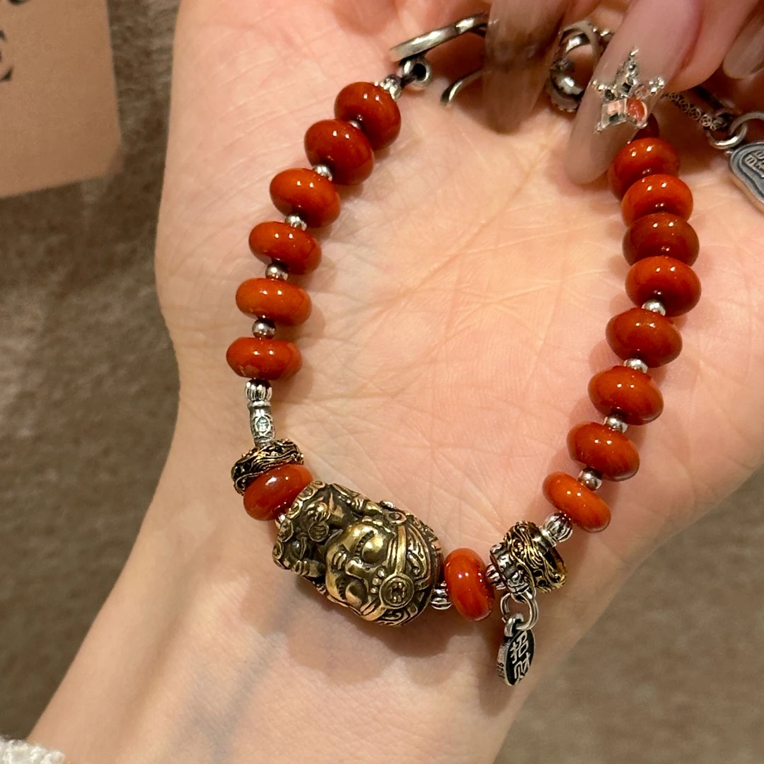 <一禅兄>S925银红玛瑙算盘珠前世今生古金色扎基招财纳福吊坠手链