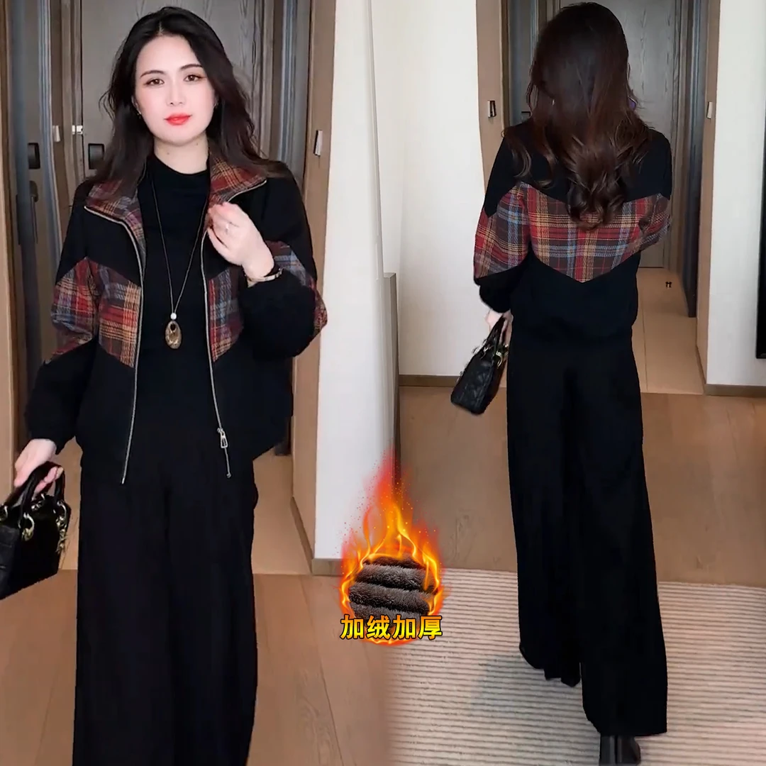 时尚加绒加厚短外套女2025冬季新款洋气显瘦格子拼接小个子外套潮