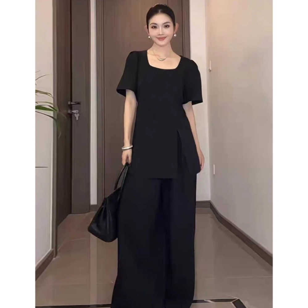 2025夏韩版简约小众设计感纯色开叉短袖T恤高腰阔腿长裤两件套