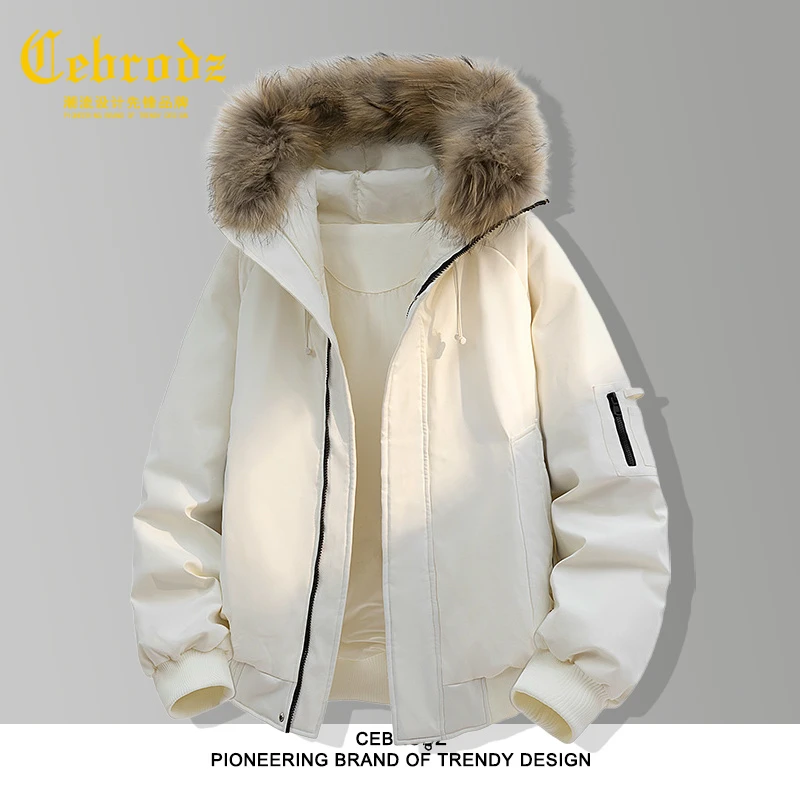 法国Cebrodz连帽羽绒服男冬季防风保暖时尚防寒服带毛领羽绒外套
