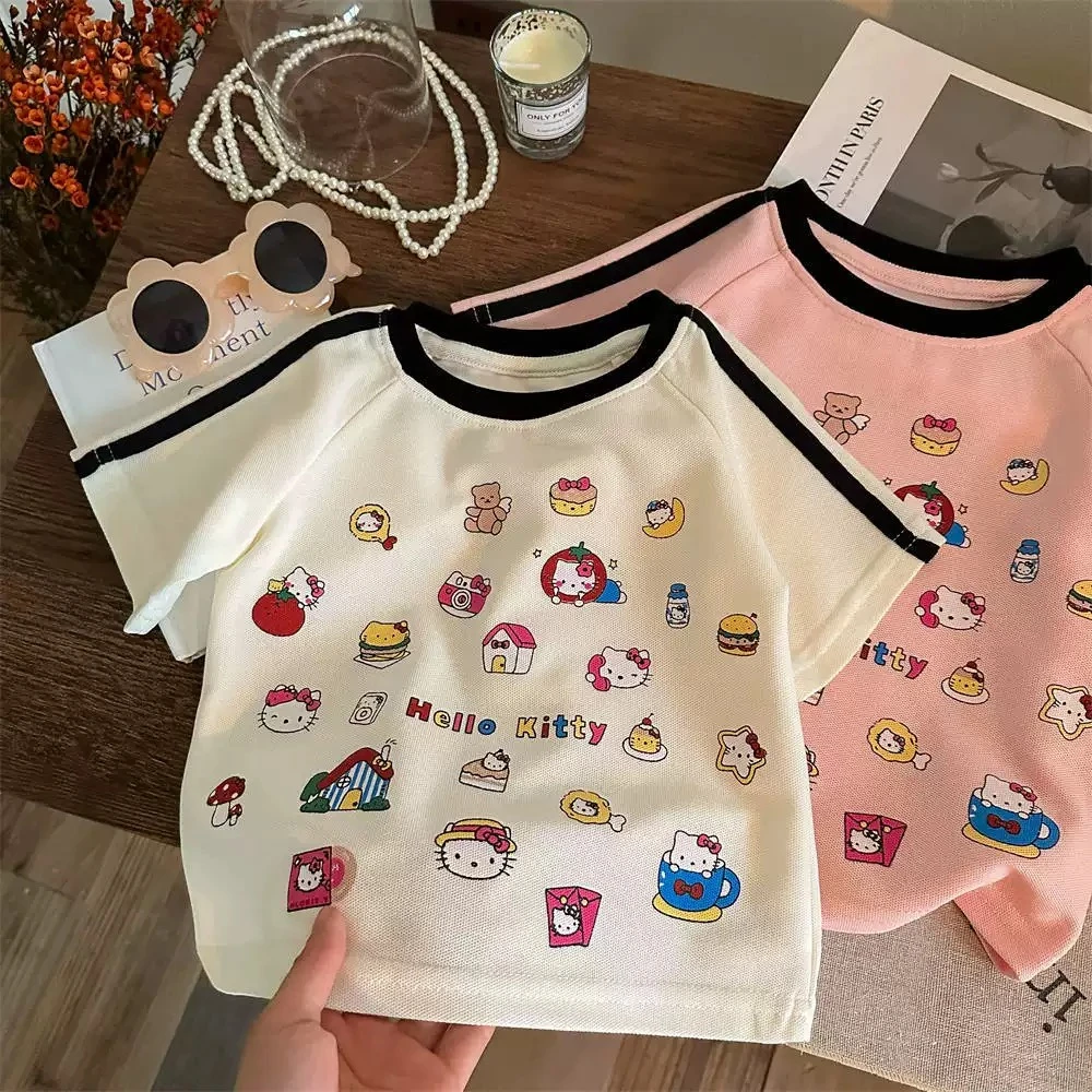 K018  女童KT猫印花T恤圆领印花上衣夏季百搭舒适衣服