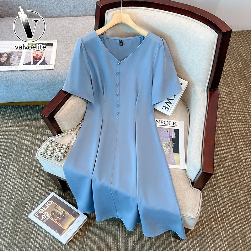 VALVOELITE裙子大码正肩时尚休闲气质裙高级感夏装收腰蓝色连衣裙
