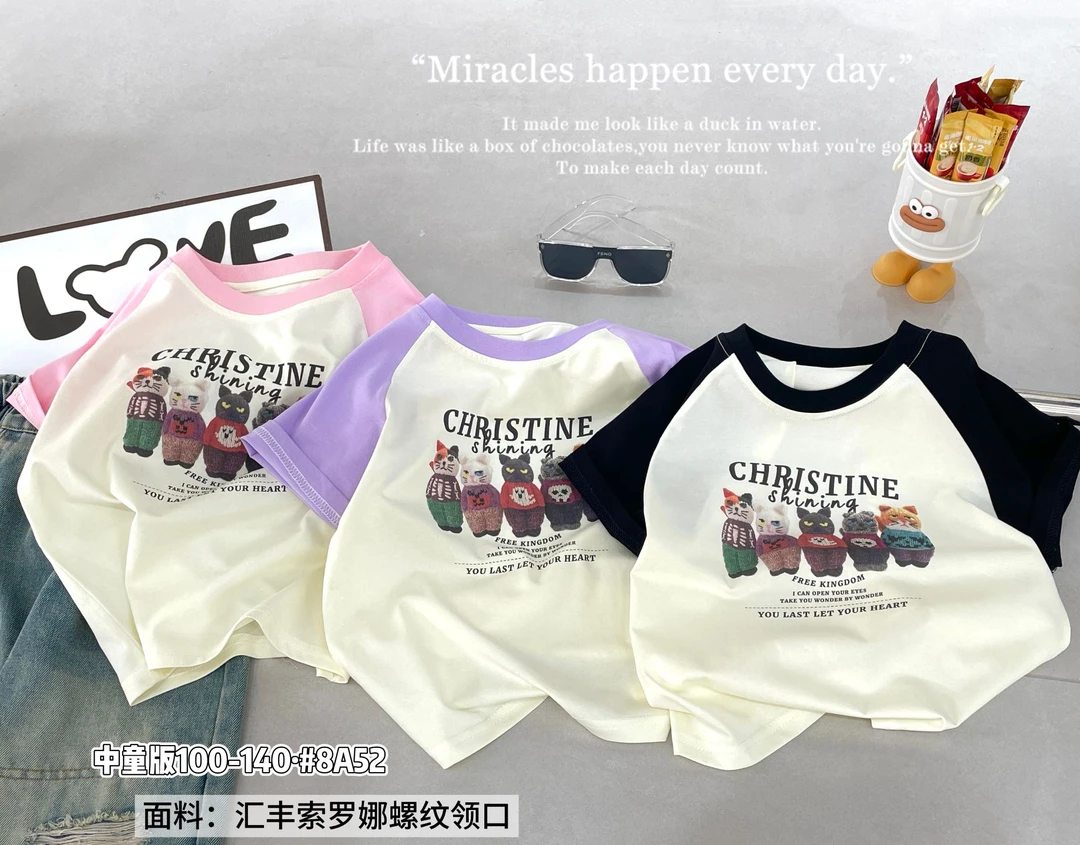 F009非同儿童夏季字母C小猫短袖T恤852