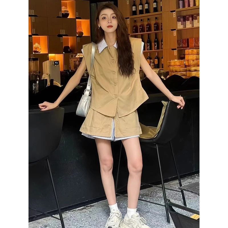 CEENIU2025新款夏季假拼接条纹背心衬衫+裙装女装时尚休闲两件套