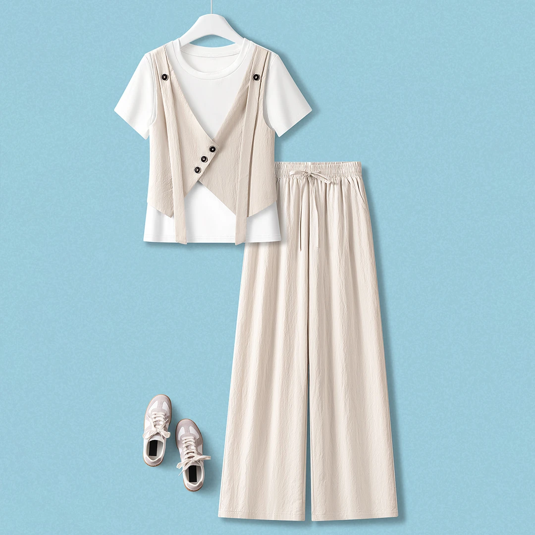 拉夏贝尔休闲运动服假两件短袖t恤阔腿裤女夏季2025新款两件套装