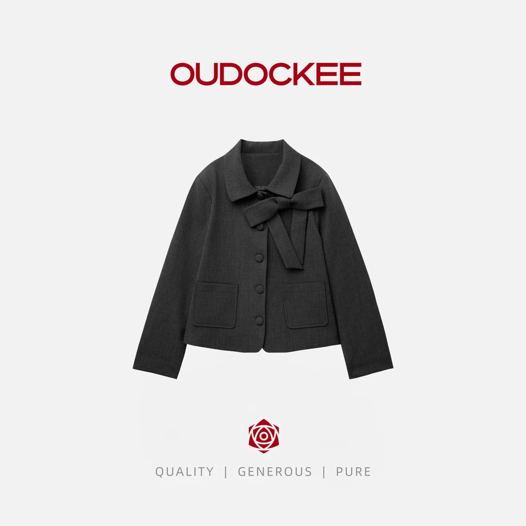 OUDOCKEE 鸥鸥【鸥鸥同款】灰色时髦蝴蝶结法式高级感外套 JACE698T