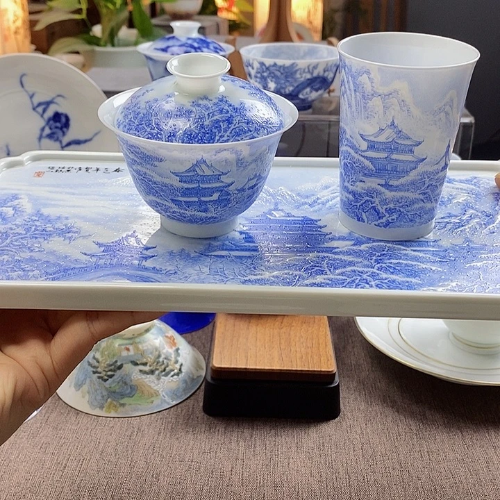行***之全品山月闲高温超薄胎釉上彩雪景干泡台➕盖碗➕可乐杯