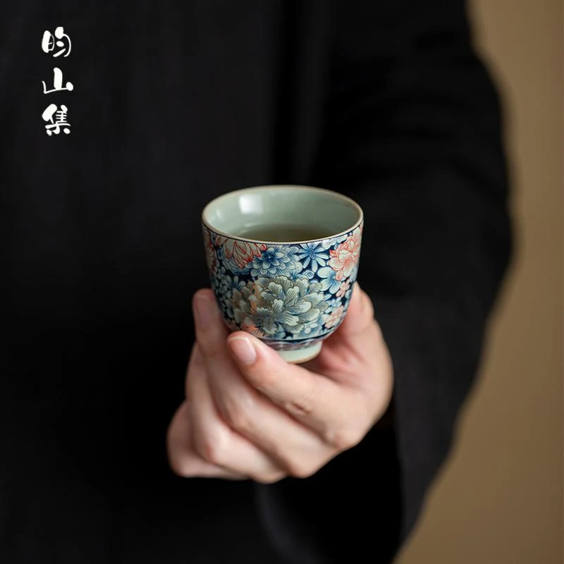 复古青花汝窑茶杯如意杯家用陶瓷功夫茶具国风个人专用品茗杯单杯