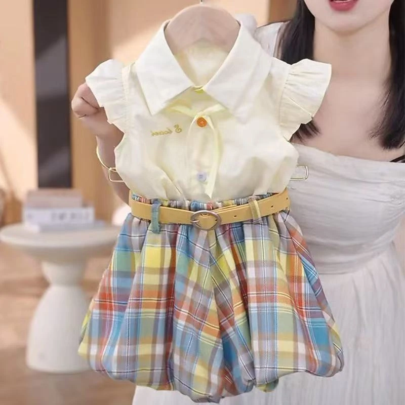 女童衬衫套装宝宝小飞袖洋气两件套074