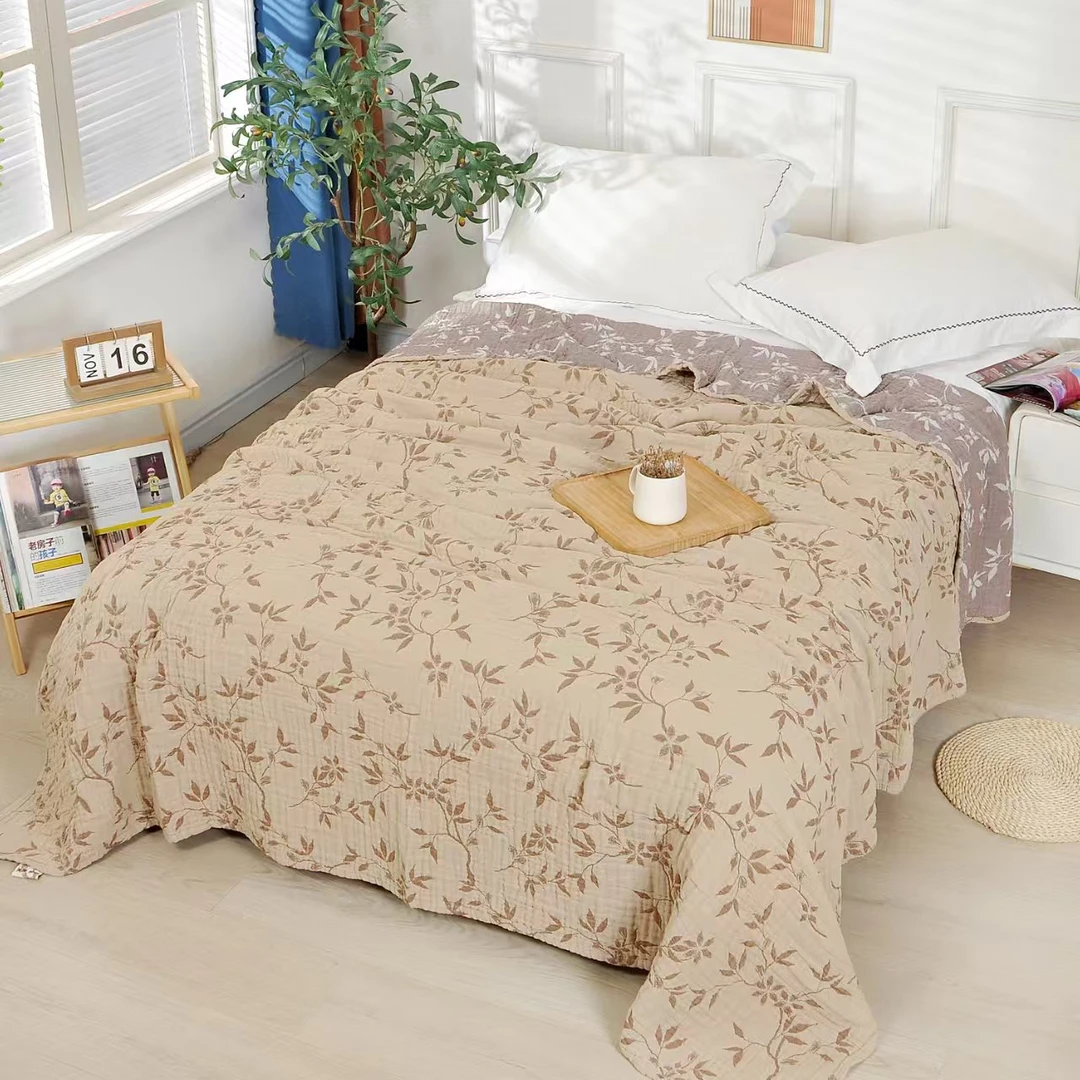 全棉皱皱纱一体色织六层纱布毯多功能睡单 柳叶花