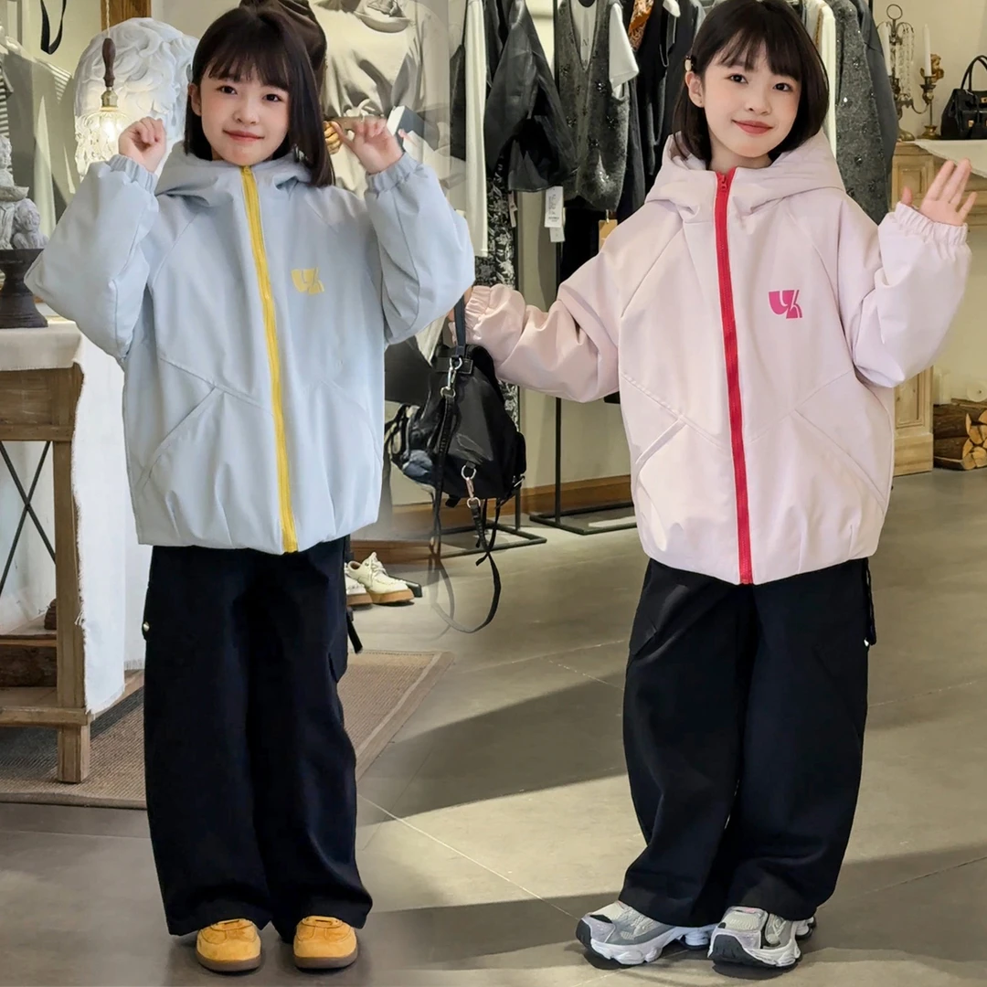 女童夹棉加厚外套秋冬2025新款连帽保暖二棉防风棉服夹克厚外套