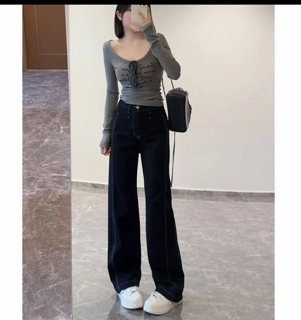 阔腿裤女宽松显瘦黑色水洗牛仔长裤89158