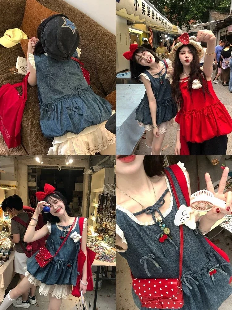 【ALITTLE 乱糟糟】“扮乖选手”樱桃蝴蝶结牛仔蓬蓬裙套装